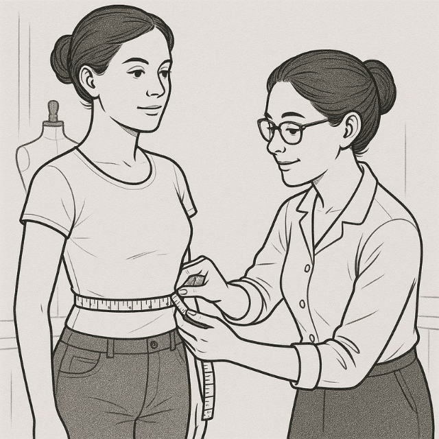 Taille: Lege das Maßband um die schmalste Stelle deines Torsos, dort ist deine natürliche Taille. Das kann auch über oder unter der Stelle liegen, an der du gerne High-Waist-Hosen o.ä. gerne trägst. Binde einen Gürtel oder eine Schnur um deine Taille, das hilft bei den weiteren Maßen
